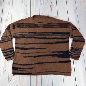 Unbranded Brown Black Abstract Stripe Wool Blend Fuzzy Knit Sweater Mens XL